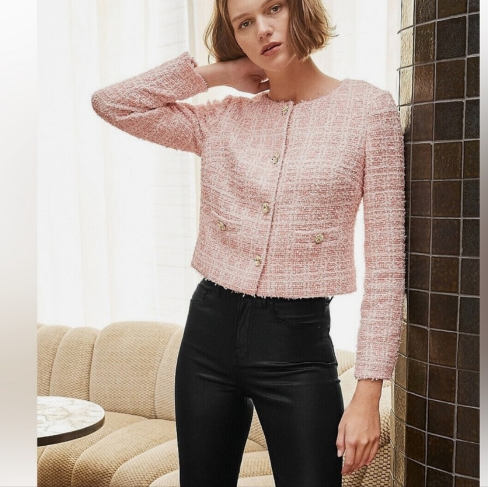 Express Plaid Boucle Tweed Jacket Pink and White xxs